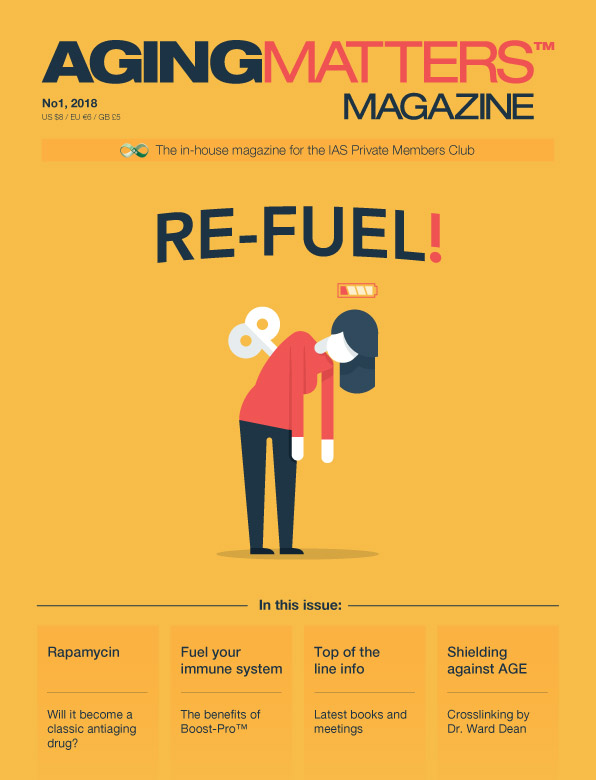 Aging Matters Magazine front showing an animated woman exhausted and 'out of battery'