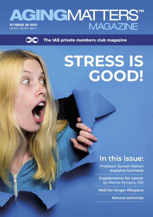 Aging Matters Magazine front with a blue background and shocked woman
