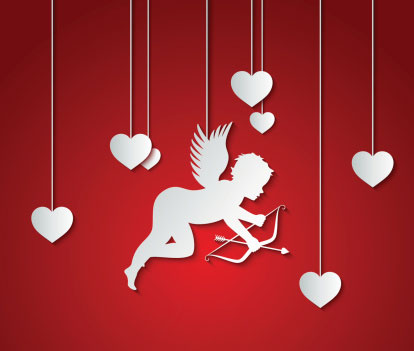 A white cupid outline on a red background with a bow and arrow surrounded by hearts