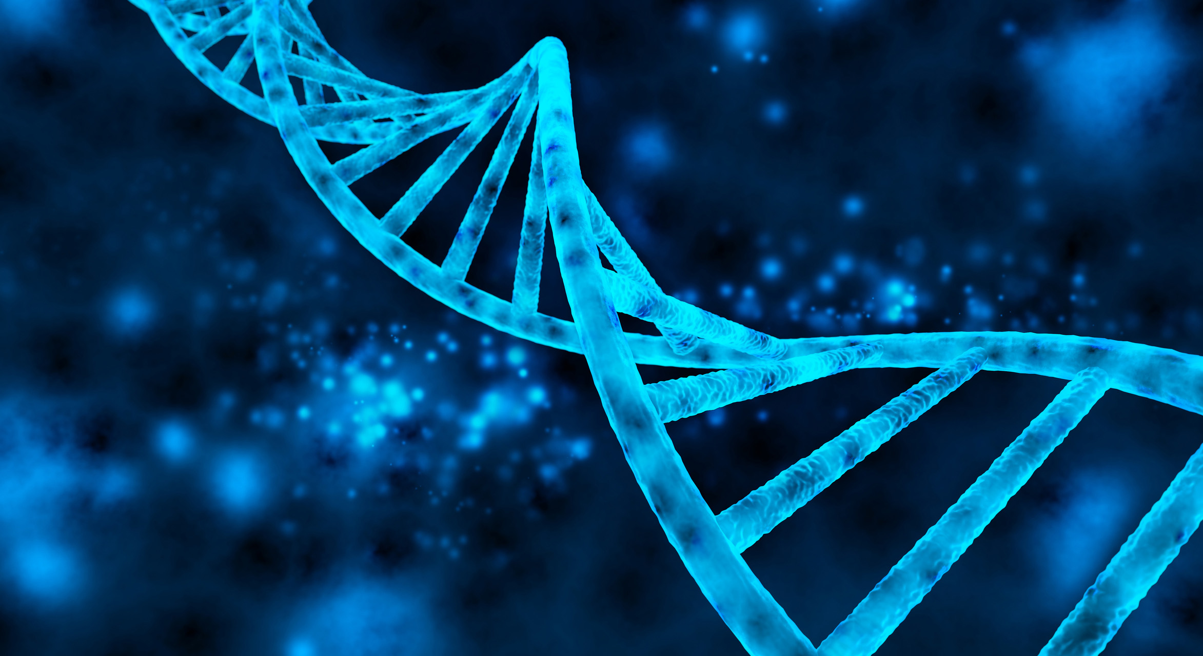 Blue 3D DNA strands with a dark blue background