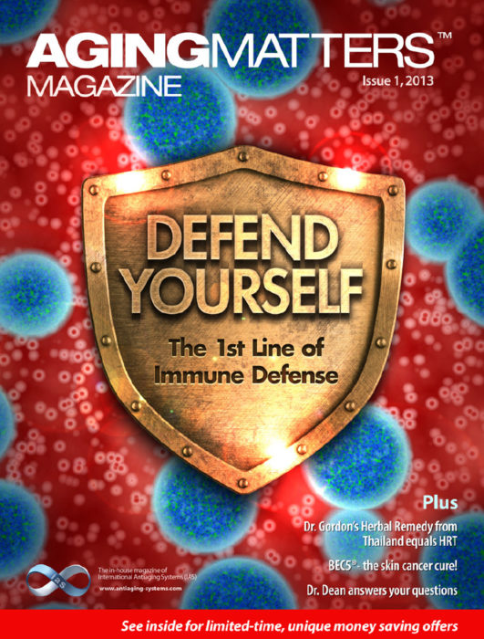 Aging Matters Magazine cover of red and blue virus and bacteria cells