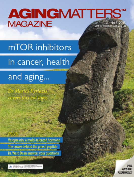 Aging Matters Magazine front of an Easter Island Head