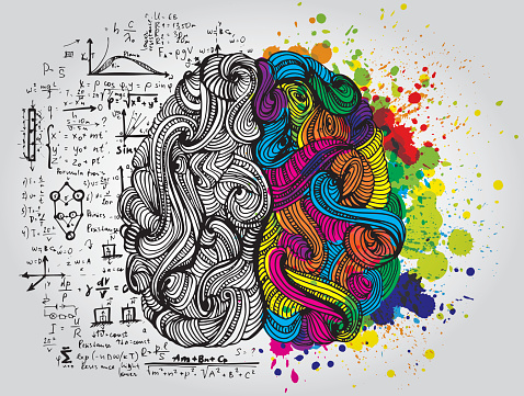 A drawing of a brain with one side colourful and the other side black and white