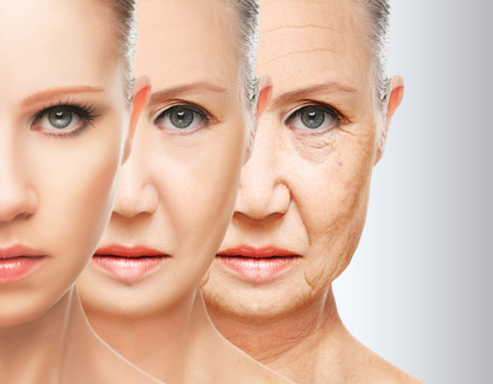Three images of a woman gradually aging