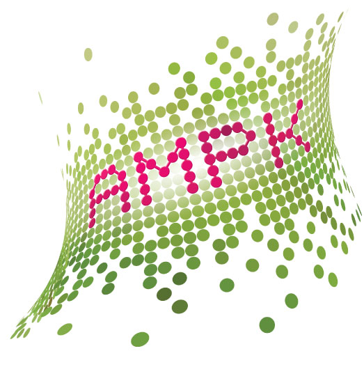 AMPK text in pink dots surrounded by warping green dots