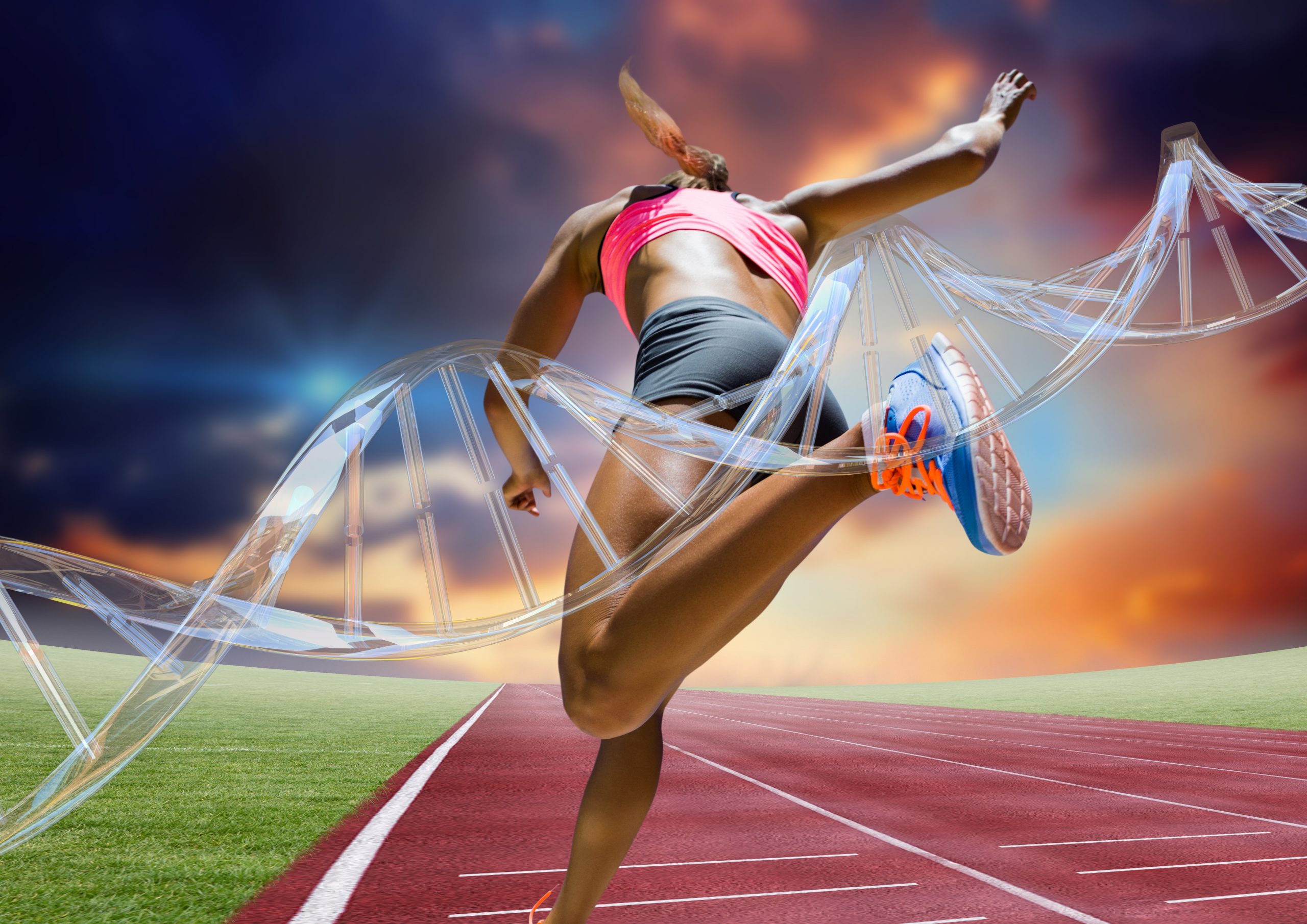 Woman running on a racetrack with a DNA molecule in the foreground