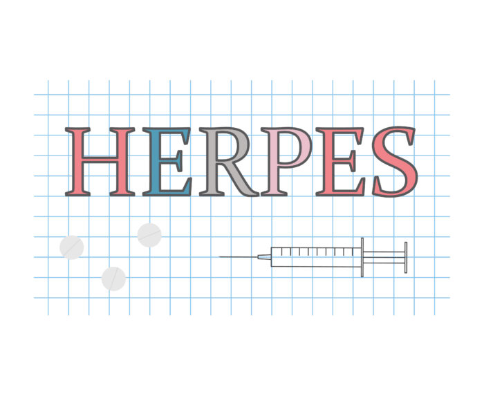 The word 'HERPES' in pastel colours next to a syringe