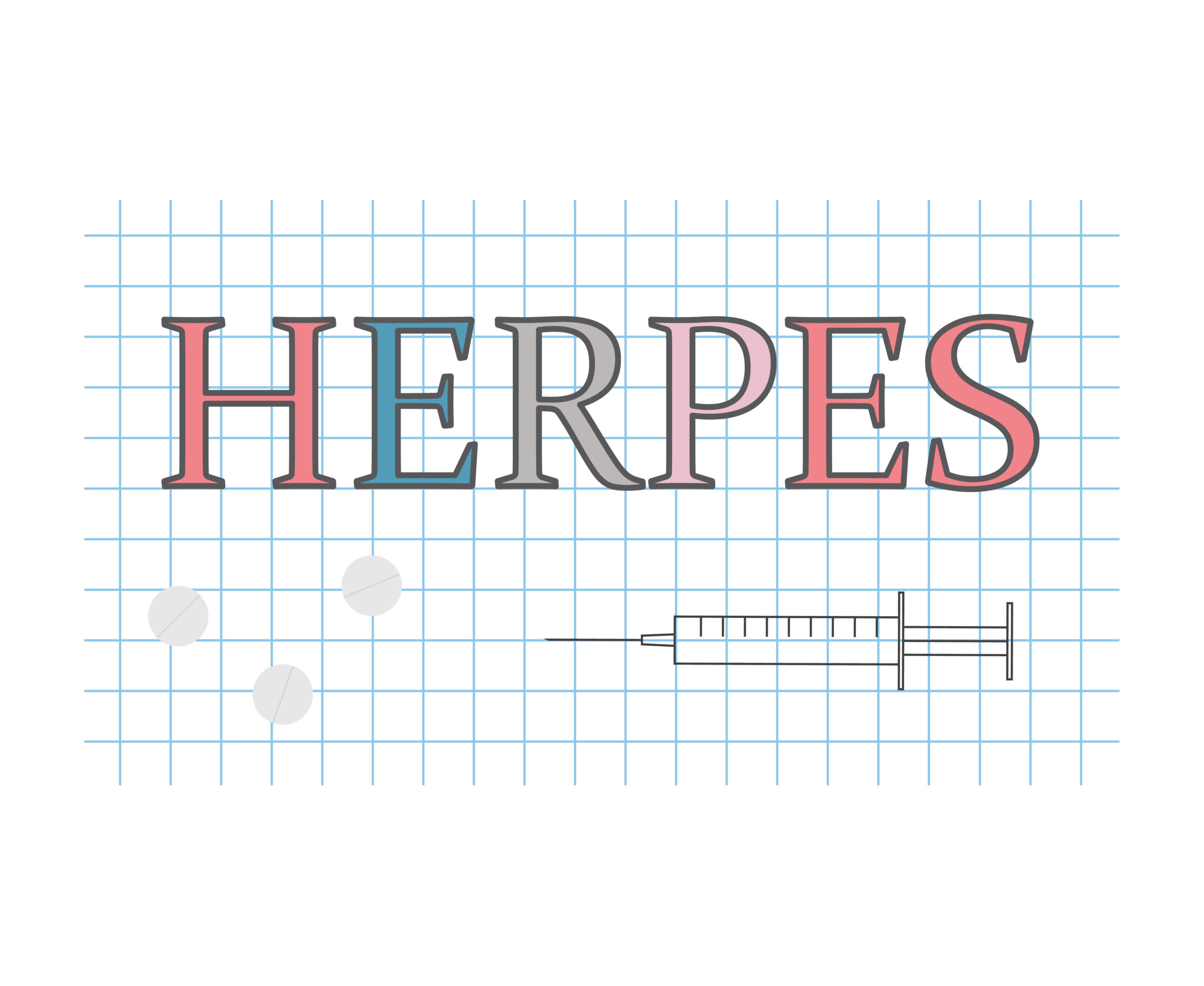 The word 'HERPES' in pastel colours next to a syringe