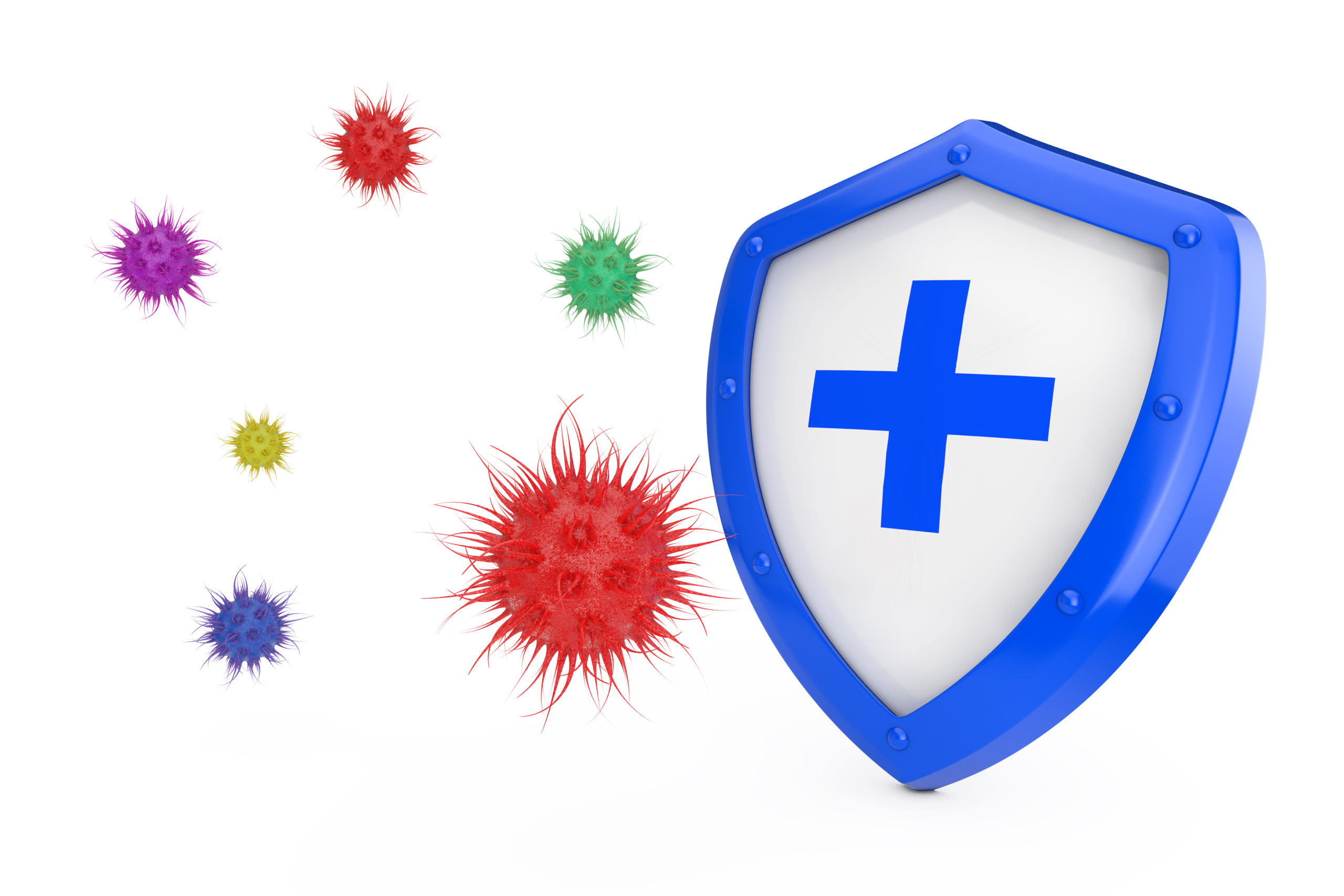 A blue and white shield against colourful bacteria/virus cells