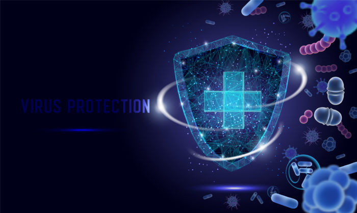 Blue shield with a cross and text saying virus protection