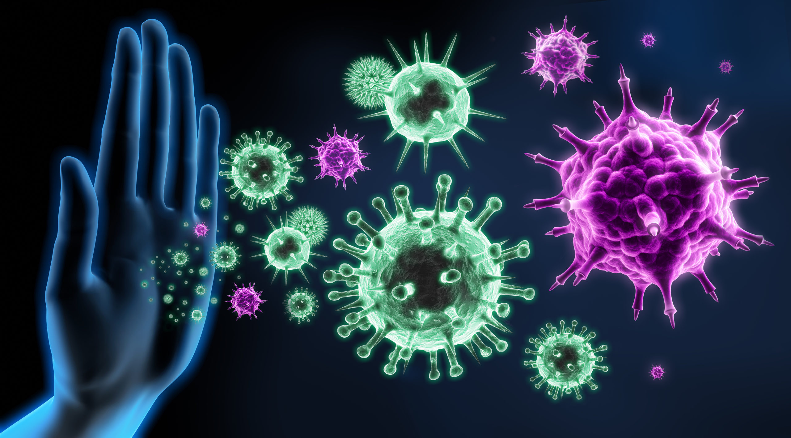 A glowing hand emitting glowing bacteria and virus microbes