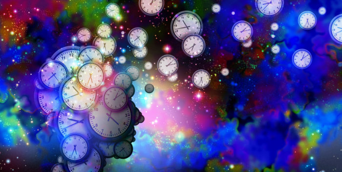 Edited image of lots of clocks in a space galaxy