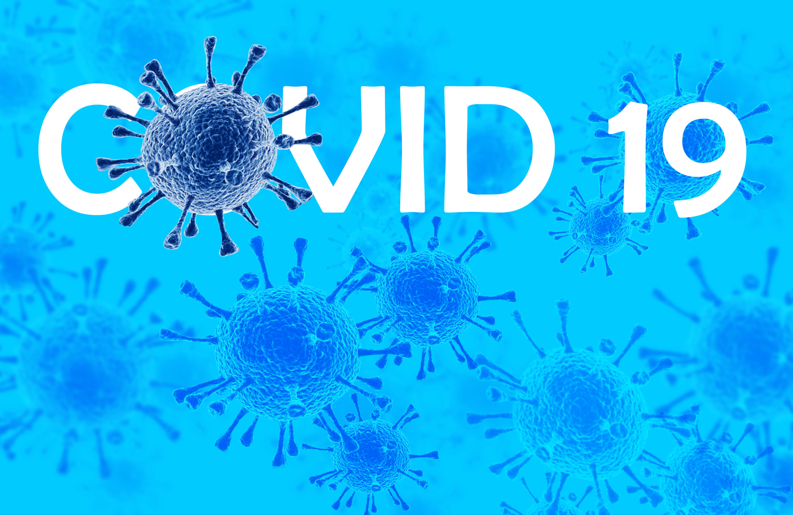 COVID-19 text surrounded by blue Coronavirus cells