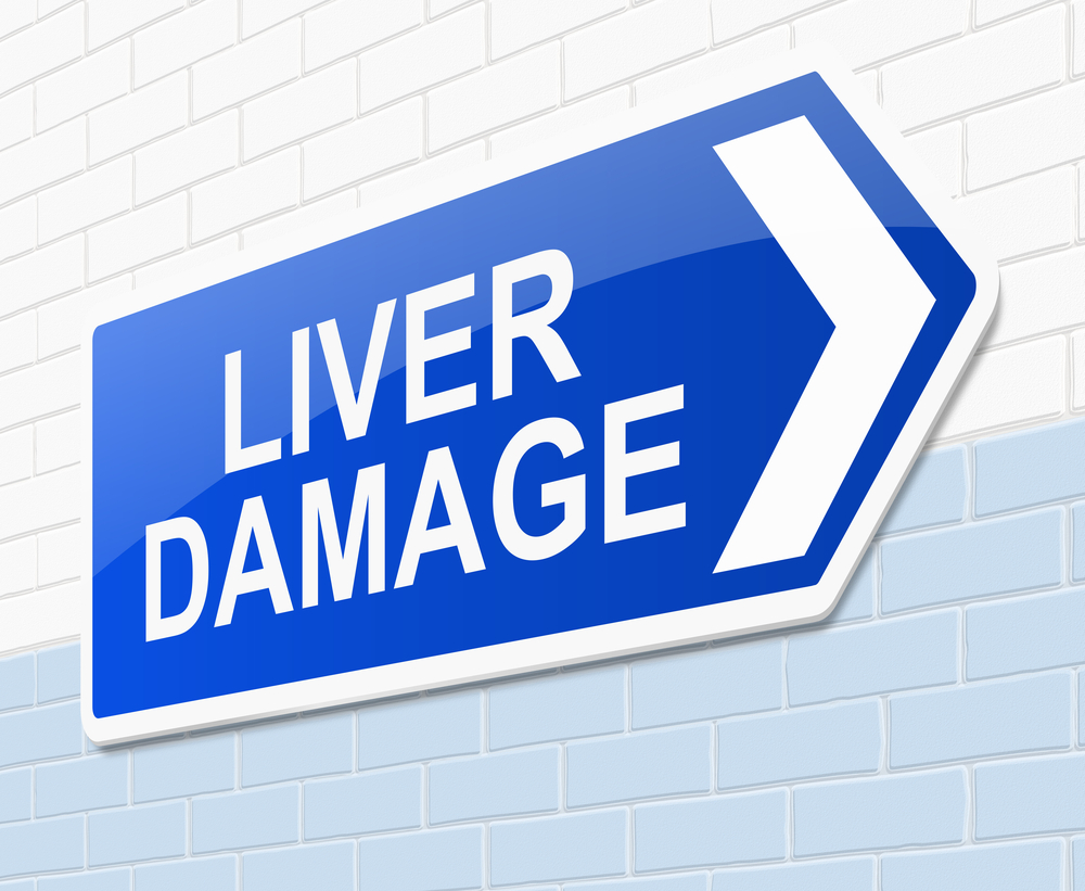 Blue direction sign with the text liver damage in white