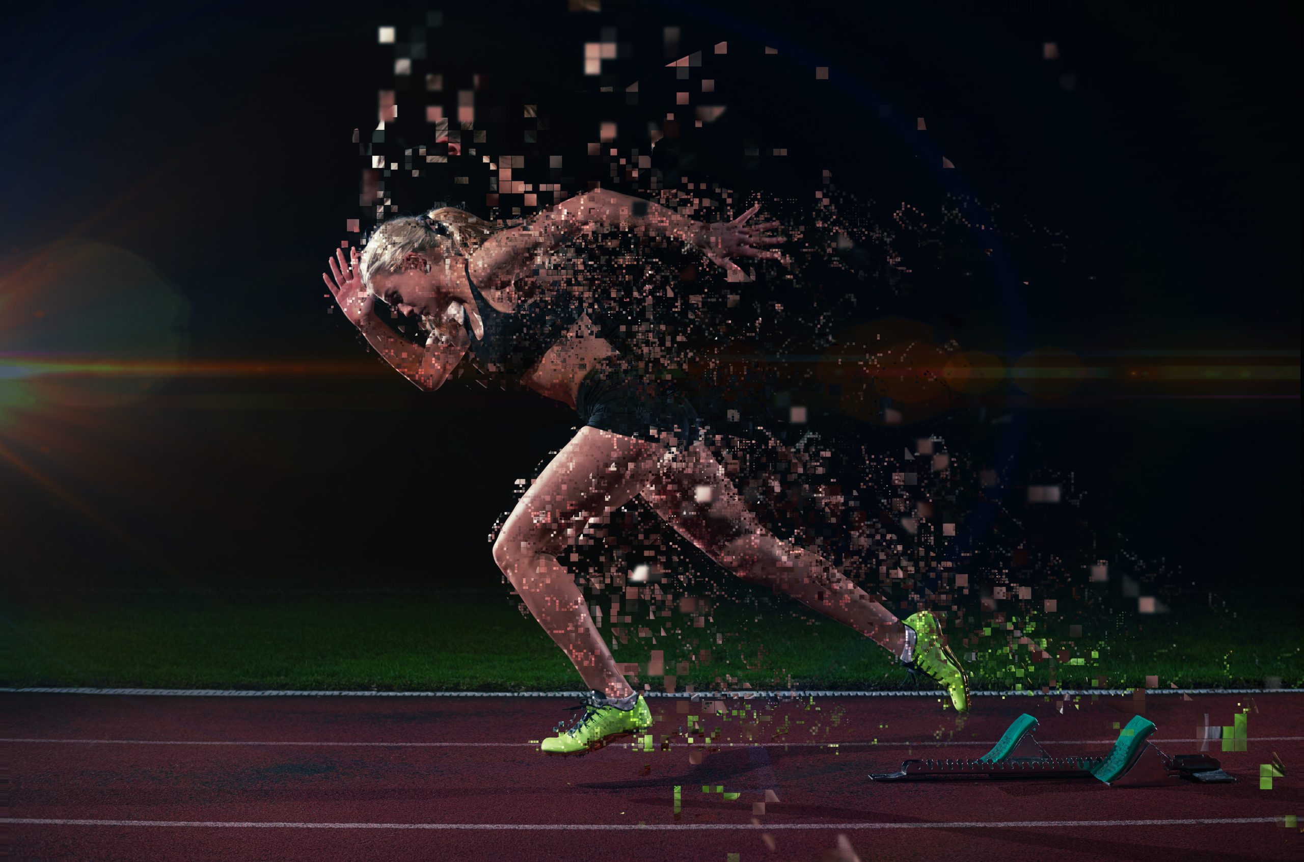 Woman running on a track with geometric effects behind her